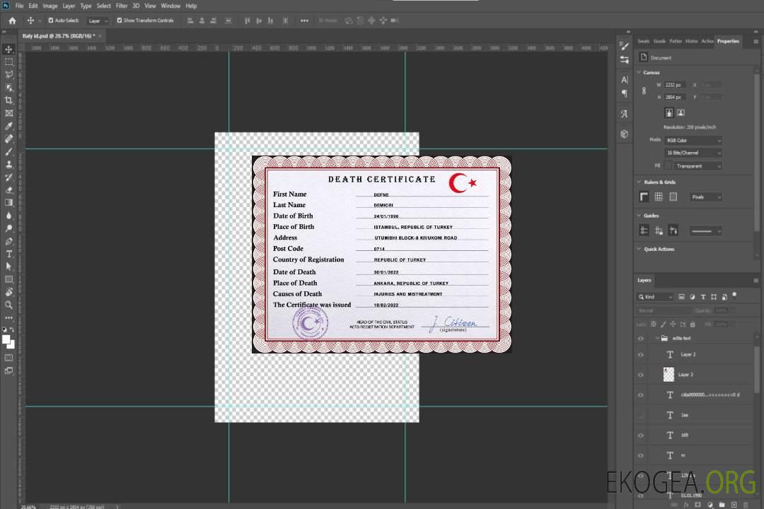 Modèle PSD de certificat de décès en Turquie template